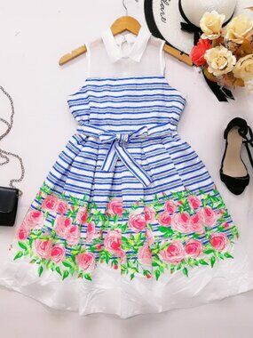 Girls Bonnie Jean Blue White Stripe Pink Floral Special Occasion Dress Easter 7
